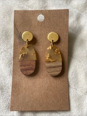Muted Brass/Gold Two Tone Wood w Gold Flecked Earrings NEW